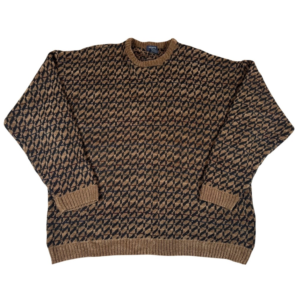 Vtg Dockers Mens 4XL Brown Black Gpa Geometric Knit Crewneck Sweater Big & Tall